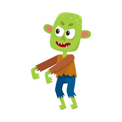 Scary little green zombie monster in rags, Halloween costume, cartoon vector illustration isolated on a white background. Monster, zombie, walking dead with arms stretched forward