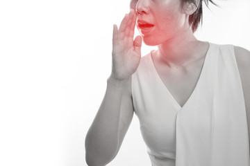 Young asian woman having Bad breath on isolated white background.