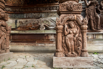 Details of Sanctuary of Truth temple (Prasat Satchatham),handmade reliefs and sculptures, Pattaya,...