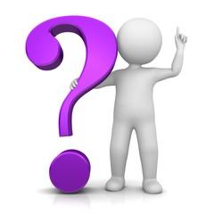question mark purple violet lila 3d interrogation point asking sign isolated white background with man as stickman in thinker pose or with idea gesture colored for business presentations or internet