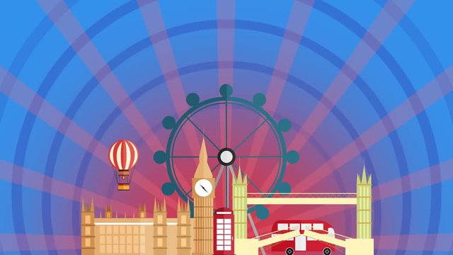 colorful cartoon London Background loop full hd and 4k with space for your text or logo. Animation of England icons with sunburst in background. vacation and travel concept.