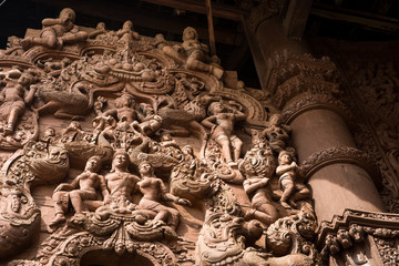 Details of Sanctuary of Truth temple (Prasat Satchatham),handmade reliefs and sculptures, Pattaya,...