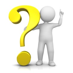 question mark gold yellow 3d interrogation point asking sign isolated on white background with man as stick man in thinker pose or with idea gesture colored for business presentations or internet