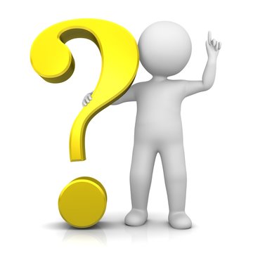 recommend clip art: question mark gold yellow 3d interrogation point asking sign isolated on white background with man as stick man in thinker pose or with idea gesture colored for business presentations or internet
