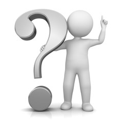 question mark 3d silver grey gray interrogation point punctuation mark with pointing man in thinking pose with a idea isolated on white background in high resolution for business presentation and web