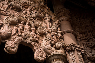Details of Sanctuary of Truth temple (Prasat Satchatham),handmade reliefs and sculptures, Pattaya,...