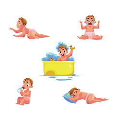 Little baby kid, infant daily routine - eat, sleep, take bath, cry, crawl, cartoon vector illustration isolated on white background. Little Caucasian kid, baby, infant daily activities