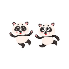 Two cute and funny baby panda characters running, hurrying, jumping happily, cartoon vector illustration isolated on white background. Couple of cute little panda bear characters, mascots running