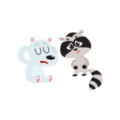 Sick baby raccoon and polar bear having headache, suffering from stomach ache, cartoon vector illustration isolated on white background. Sick little raccoon and bear having stomach pain, head ache