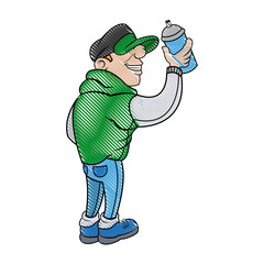 cartoon young guy graffiti with green jacket and spray vector illustration