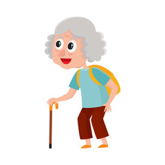 Old, senior woman, tourist with backpack and stick on vacation tour, cartoon vector illustration isolated on white background. Full length portrait of old lady, woman tourist on sightseeing tour