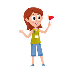 Pretty girl working as tour guide, holding flag, meeting tourist groop, cartoon vector illustration isolated on white background. Full length portrait of young and pretty female tour guide at work