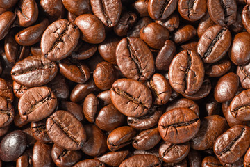 background of coffee beans, top view
