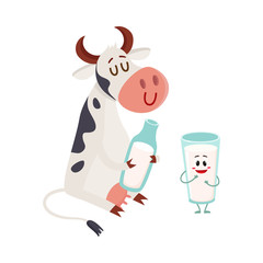 Funny smiling farm cow sitting and glass of milk standing characters, cartoon vector illustration isolated on white background. Cute and funny cow with bottle of milk and glass of milk characters