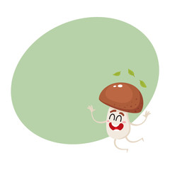 Funny porcini mushroom character jumping from happiness, cartoon vector illustration with space for text. Happy porcini mushroom character jumping, throwing leaves