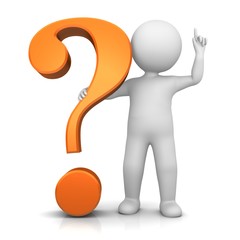 question mark orange 3d interrogation point asking sign isolated on white background with man as stickman in think pose or with idea gesture colored for business presentations or internet