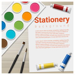 Stationery background with school supplies on wooden table , vector , illustration