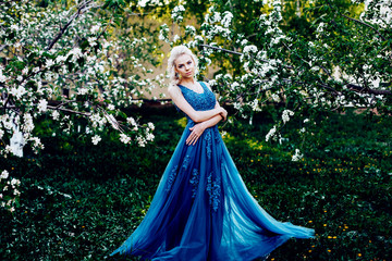 Fototapeta premium Beautiful young girl in a long evening blue dress in an apple blossoming garden