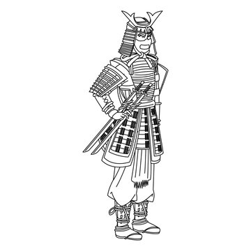 animation samurai man to ancient clothes. wearing armor helmet mask warrior vector illustration