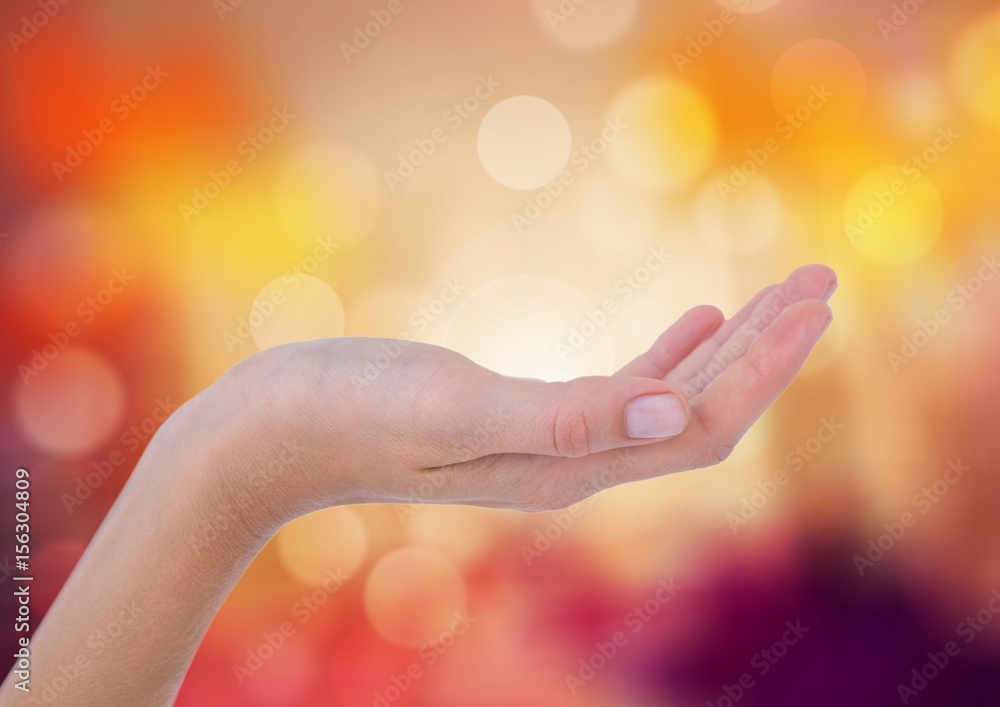 Poster hand posture curved with sparkling light bokeh background