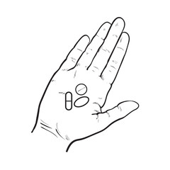 Hand holding three pills, tablets in open palm with straight fingers, black and white sketch style vector illustration on white background. Hand drawn hand holding three pills, medicine in open palm