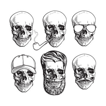 Set of human skull bones with sunglasses, beard, moustache, smoking pipe, sketch vector illustration isolated on white background. Hand drawn skull with smoking pipe, cap, hipster beard, sunglasses