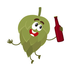 Funny beer hop character with smiling human face holding dark beer bottle, cartoon vector illustration isolated on white background. Cute and funny hop character, mascot with beer bottle