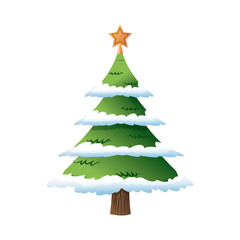 decorated christmas tree pine with snow, star, style vector illustration