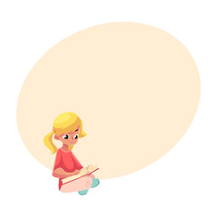 Little blond girl with ponytails reading book sitting with crossed legs on the floor, cartoon vector illustration with space for text. Little girl reading book sitting on the floor