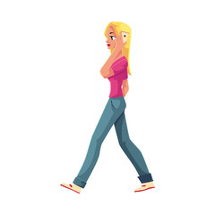 Fototapeta na wymiar Young woman walking with smartphone, talking by mobile phone, cartoon vector illustration isolated on white background. Full length portrait of woman, girl in jeans and t-shirt talking by mobile phone