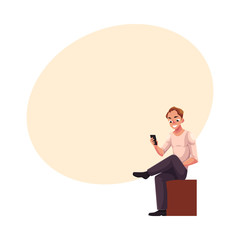 Man sitting, playing with smartphone, texting, messaging, using mobile phone, cartoon vector illustration with space for text. Full length portrait of young man sitting and using mobile phone