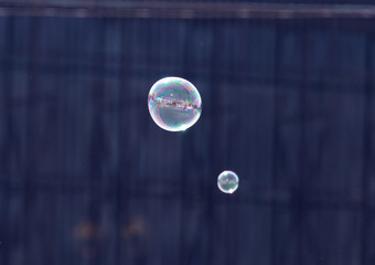 Beautiful soap bubbles fly in the city