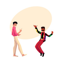Two men, guys, Caucasian and black, in 1980s style clothes dancing disco, cartoon vector illustration with space for text. Men, friends in 80s style clothing dancing at retro disco party