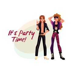 Glam rock party invitation, banner poster template with two young men in leather clothing, cartoon vector illustration. Glam rock party invitation banner, poster layout with rock star boys