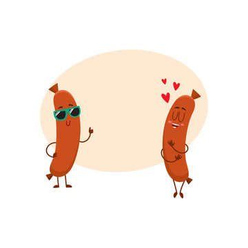 Couple of funny sausage characters, one in sunglasses giving thumb up, another showing love, cartoon vector illustration with space for text. Two sausage characters, mascots, cute and happy