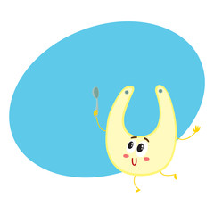 Cute and funny baby bib character with human face holding spoon, feeding accessory, cartoon vector illustration with space for text. Baby bib character, mascot, child care concept