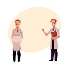 Fototapeta na wymiar Two male doctors in medical coats, one holding blank board, sign, plate, another showing thumb up, cartoon vector illustration with space for text. Full length portrait of two man doctors