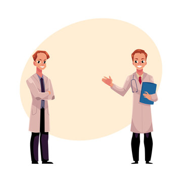 Two male doctors in medical coats, one holding stethoscope and folder, another with folded arms, cartoon vector illustration with space for text. Full length portrait of two male, man doctors