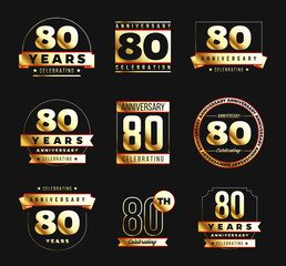 80th anniversary logo set with gold elements. Vector illustration.