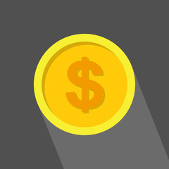 Gold coin icon, flat design with long shadow