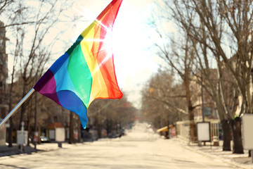Gay flag outdoors. Concept of sexual minority