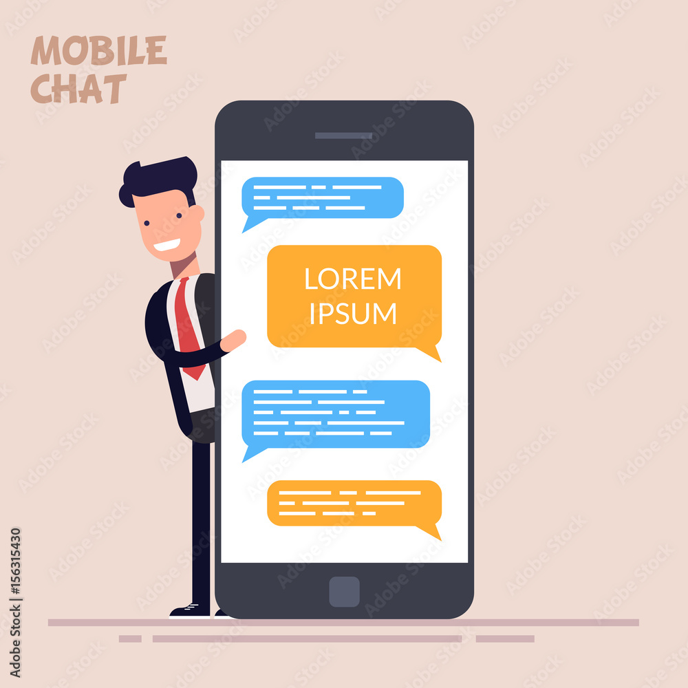 Poster instant messaging service. happy businessman or manager is standing near a large phone or smartphone