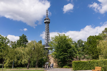 Obraz premium Tower and lookout Petrin on Petrin hill in the center of Prague, Czech Republic.