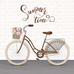 Retro bycicle with basket of flowers. Healthy lifestyle, fitness. Vector illustration EPS10.