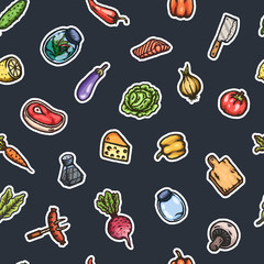 Hand drawn cartoon seamless pattern of food and kitchen stuff.