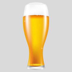 Realistic glass of beer with a fluffy foam. Vector isolated illustration.