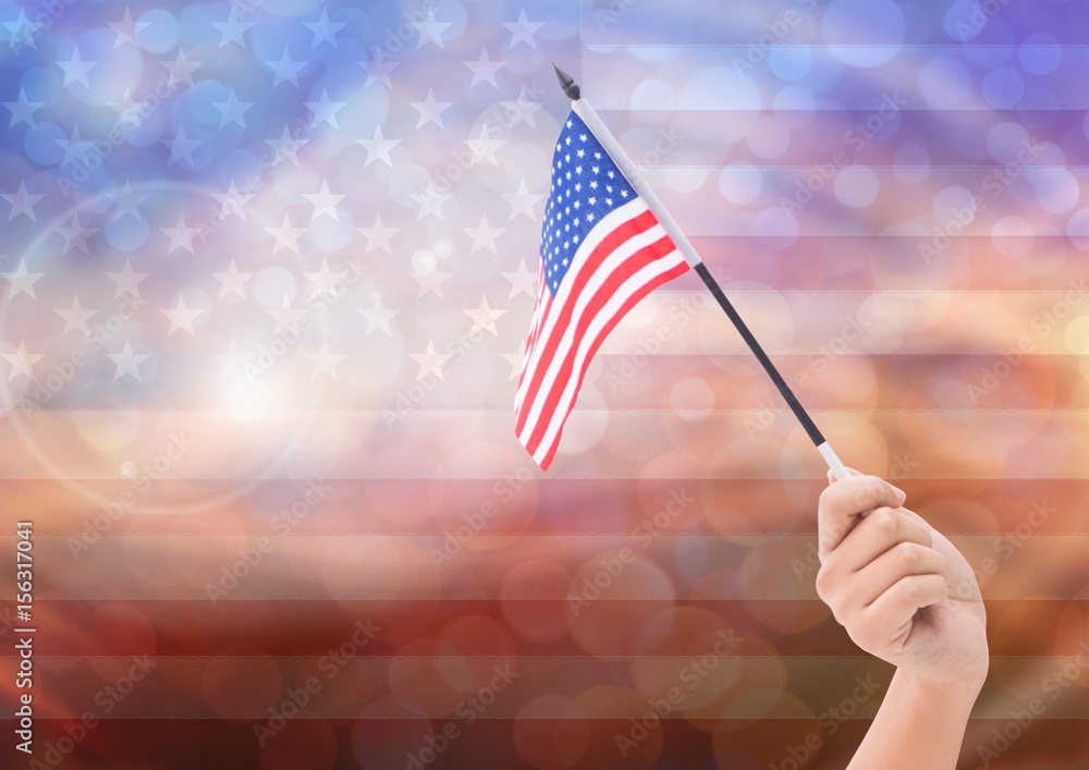 Poster hand with american flag with sparkling light bokeh background