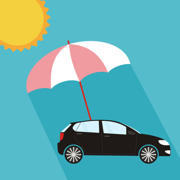 Umbrella protecting car against sun, flat style. Safety, insurance, risk concept. Vector illustration