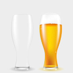 Realistic glass of beer with a fluffy foam. Dishes for alcohol .Vector isolated illustration.