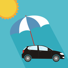 Blue umbrella protecting car against sun, flat style. Safety, insurance, risk concept. Vector illustration